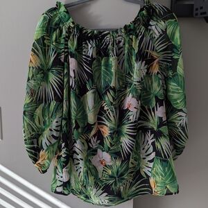 Tropical Green Leaf Print Women's Top